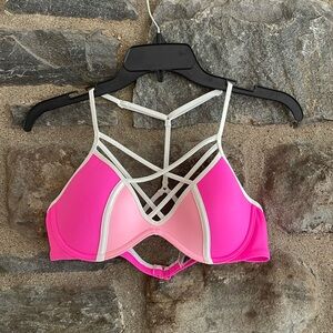 PINK Pink and White Cross Strap Bikini Top (M)